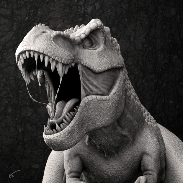 A detailed Tyrannosaurus Rex roaring with sharp teeth and textured skin in black and white