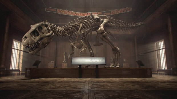 A Tyrannosaurus Rex skeleton displayed prominently in a museum hall with sunlight streaming through windows