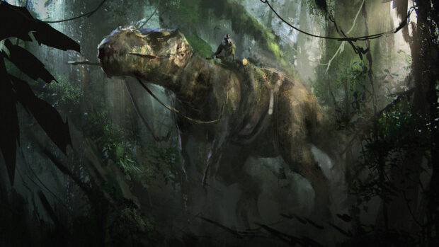 A Tyrannosaurus Rex with a rider is walking through a dense forest in a dark atmospheric scene