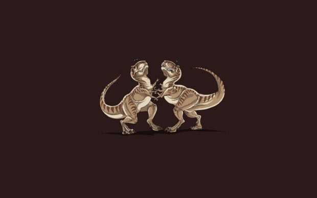 Two cartoon Tyrannosaurus Rex dinosaurs facing each other on a dark background