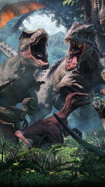 Fierce Tyrannosaurus rex surrounded by other dinosaurs in a dense prehistoric jungle
