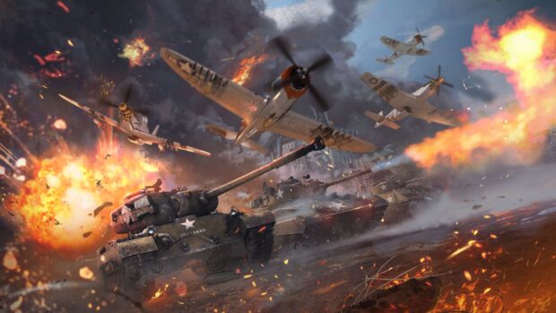 War Thunder tanks and planes engage in intense battle with explosions surrounding the battlefield