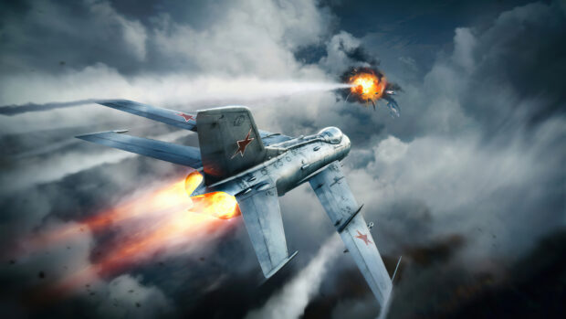 A War Thunder fighter jet attacking an enemy aircraft in a dramatic sky battle
