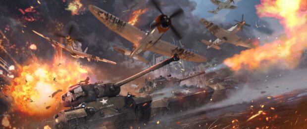 War Thunder tanks and planes engage in intense battle with explosions in the background