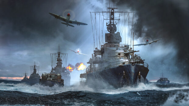War Thunder warships engage in naval combat with fighter planes flying overhead