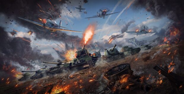 War Thunder battle scene with tanks and planes firing across a warzone
