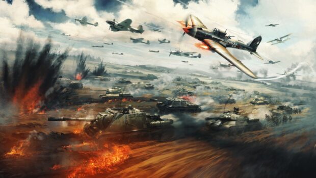 War Thunder scene with tanks and aircraft engaged in intense battle on the battlefield