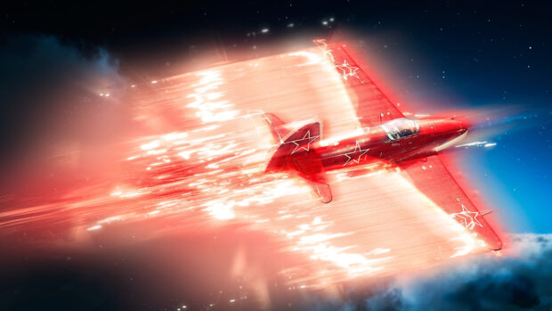 A War Thunder aircraft soaring at high speed with fiery trails in a vibrant night sky