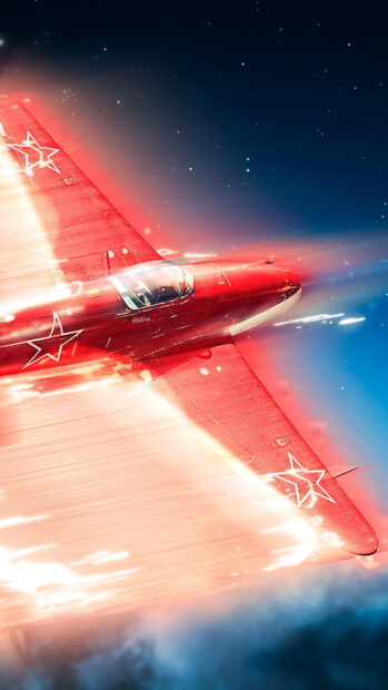 Red War Thunder fighter jet flying at high speed in the night sky