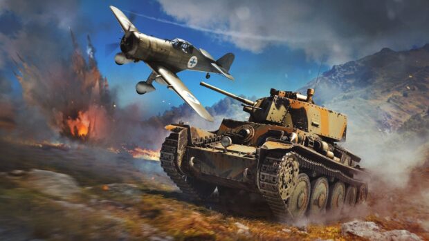 A War Thunder tank engaging a fighter plane in an intense battle scene