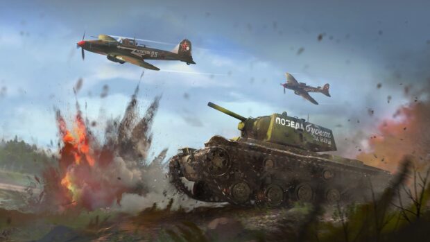 A War Thunder tank moves forward amid explosions with war planes flying overhead in a battlefield scene