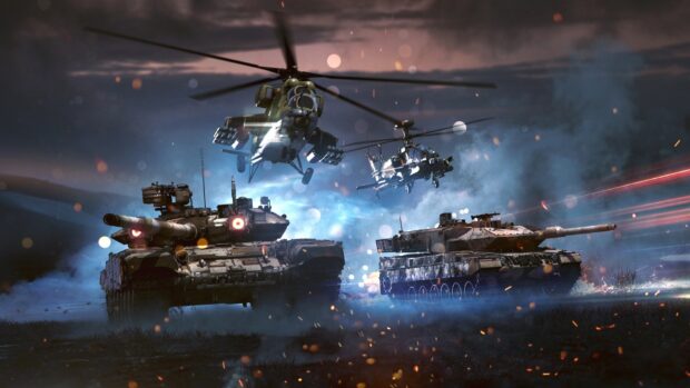 Two war thunder tanks advancing with two attack helicopters flying over a battlefield at night