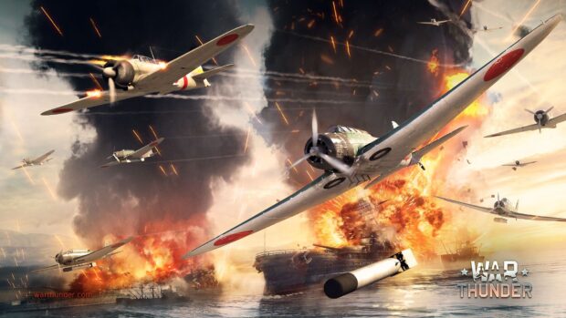 War Thunder aircraft engaged in battle over a burning ship during a naval attack