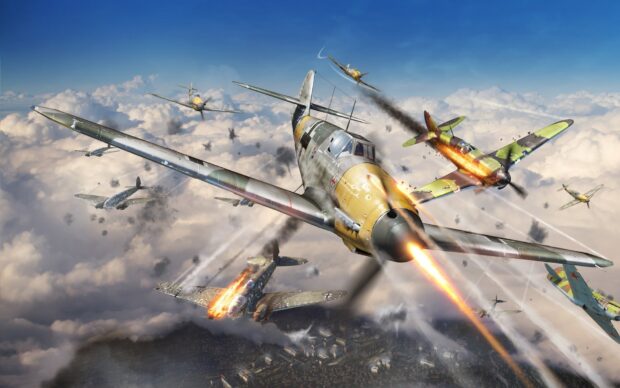 War Thunder aircraft engaged in intense aerial combat during a dogfight over clouds