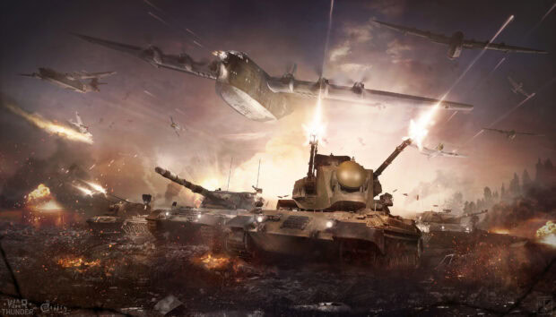 War Thunder combat scene with tanks and planes in battle environment