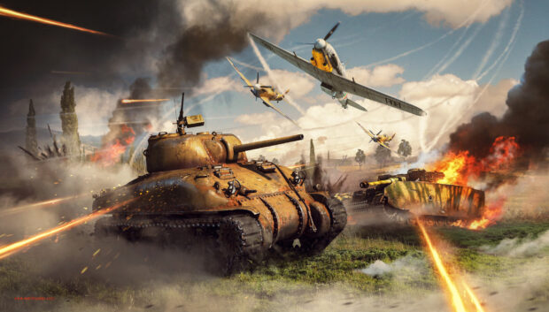 War Thunder intense battle with tanks and planes in action
