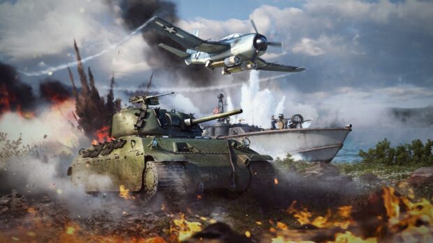 War Thunder shows a tank advancing with a plane flying overhead near a naval ship during battle