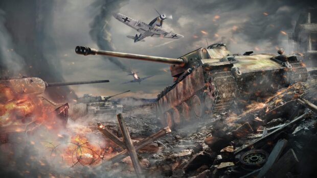 A War Thunder battle scene showing tanks and planes engaged in combat on a war torn battlefield