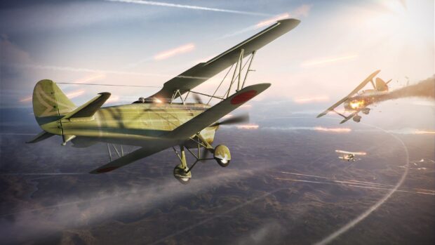 A War Thunder biplane flying above the terrain while enemy planes are under attack in the sky