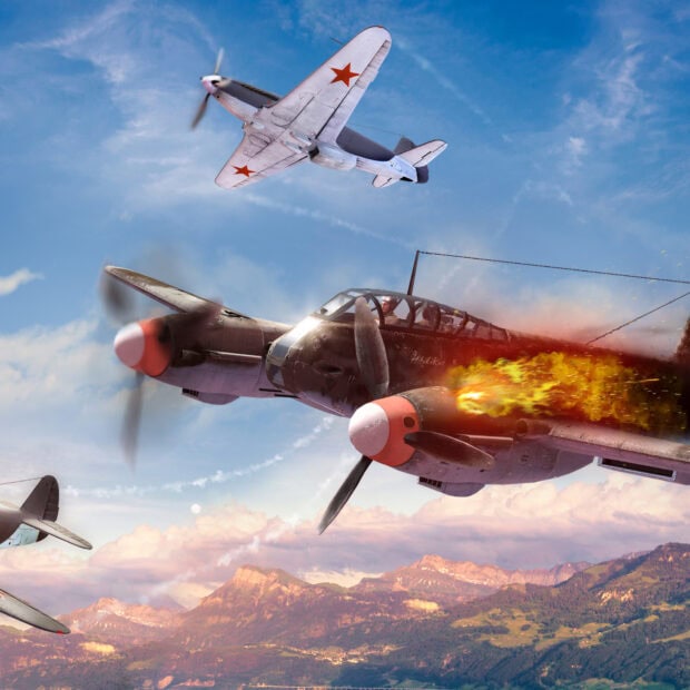 A War Thunder plane is flying with flames coming out of its engine during an intense aerial battle