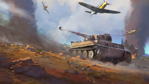 A War Thunder tank crossing a rocky battlefield with aircraft flying overhead in a dynamic combat scene