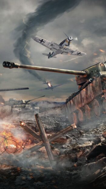 Aerial combat with vintage warplanes and tanks in a battlefield scene from War Thunder game