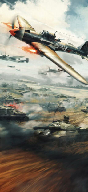 Vintage war thunder aircraft flying over tanks in a battlefield with combat action