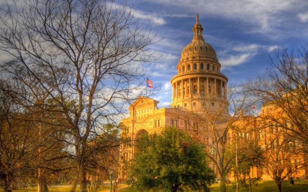 The capitol building with a dome is surrounded by trees in Washington Dc
