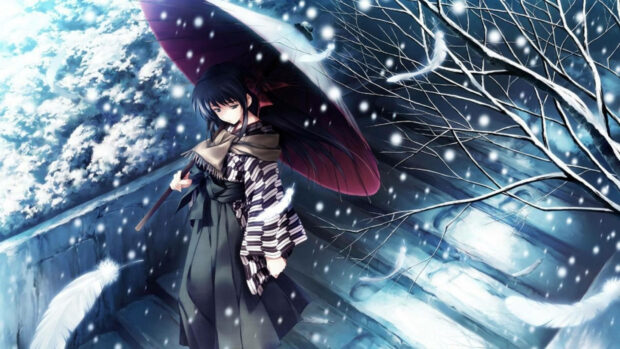 A winter aesthetic scene of a girl holding an umbrella standing on snowy steps