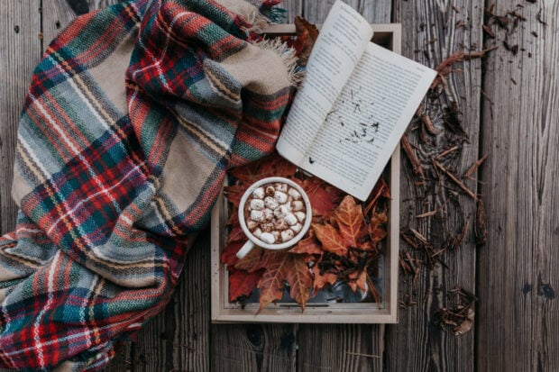 Cozy plaid scarf with hot chocolate and autumn leaves on wooden table