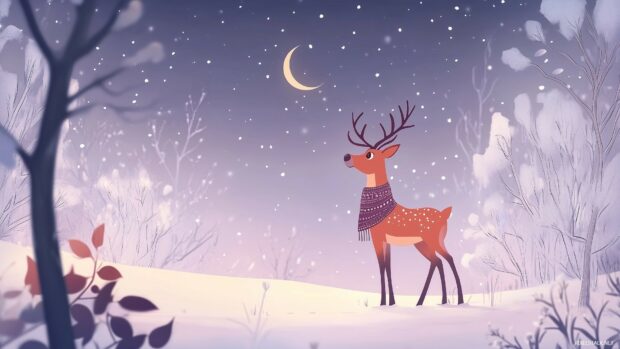 A winter deer standing in snowy forest under a crescent moon