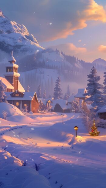 Snowy village with pine trees and mountains during winter sunset