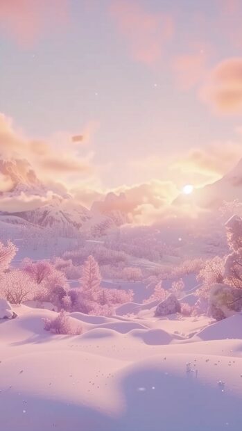 Snow covered trees and hills create a peaceful winter scene at sunrise