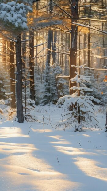 Snow covered pine trees in a winter forest glowing with sunlight