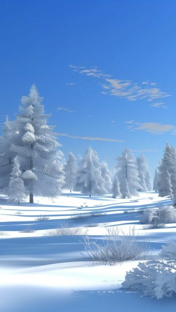 Snow covered pine trees under blue sky in cold winter landscape