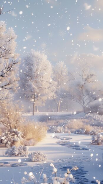 Snow covered trees and bushes with gentle snowfall in a peaceful winter landscape