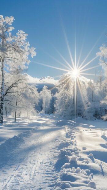 Snow covered trees and fresh snow track in a winter forest landscape