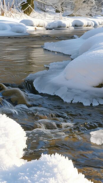 Snowy riverbank covered with ice and snow in a winter landscape