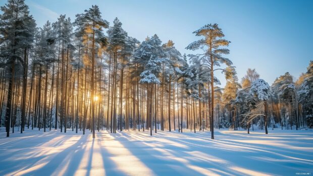 Snow covered pine trees in a winter forest with sunlight casting long shadows