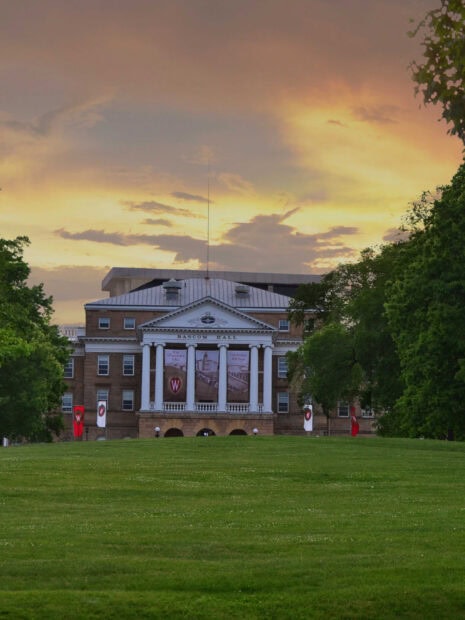Bascom in Wisconsin under a vibrant sunset sky with lush green trees