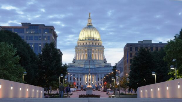 Wisconsin State Capitol building in Madison at dusk with beautiful lighting and clear sky