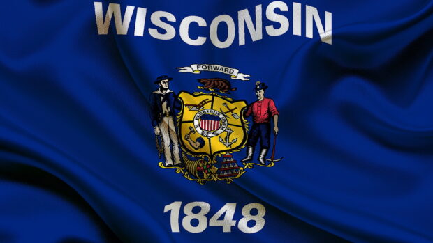 Wisconsin state flag waving with detailed coat of arms and the year 1848 displayed