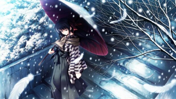 A young woman holding an umbrella walks through a snowy winter night with falling feathers and bare trees