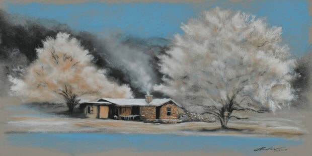 A winter landscape with frost covered trees and a rustic cabin emitting smoke in a peaceful setting