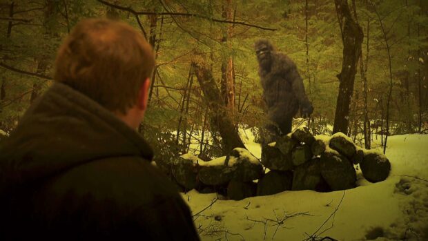 A man watching a bigfoot walking through the snowy forest near a stone wall