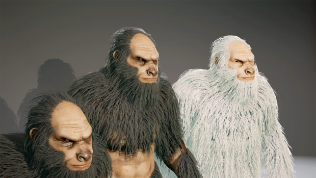 Three realistic Bigfoot creatures standing together in a digital art scene