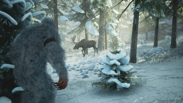 A Bigfoot walking in a snowy forest with a moose in the background