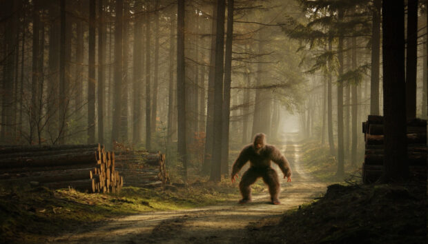 A bigfoot walking on a forest path surrounded by tall trees and stacked logs