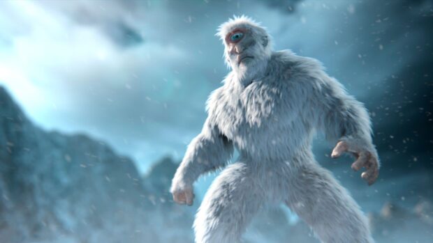 A bigfoot creature with white fur standing in a snowy mountain landscape