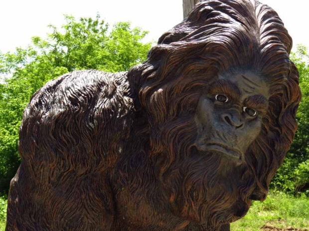 A detailed sculpture of Bigfoot with textured fur standing outdoors in a green forest setting